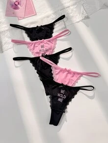 PetitDoll 5pcs Lace Trim Letter Print Bowknot Women's Thong Panties Set - Multicolor - View 1