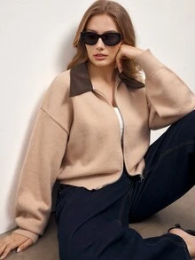 Maija Plus Size Minimalist Street Style Zipper Long Sleeve Knit Cardigan - Brown - View 7