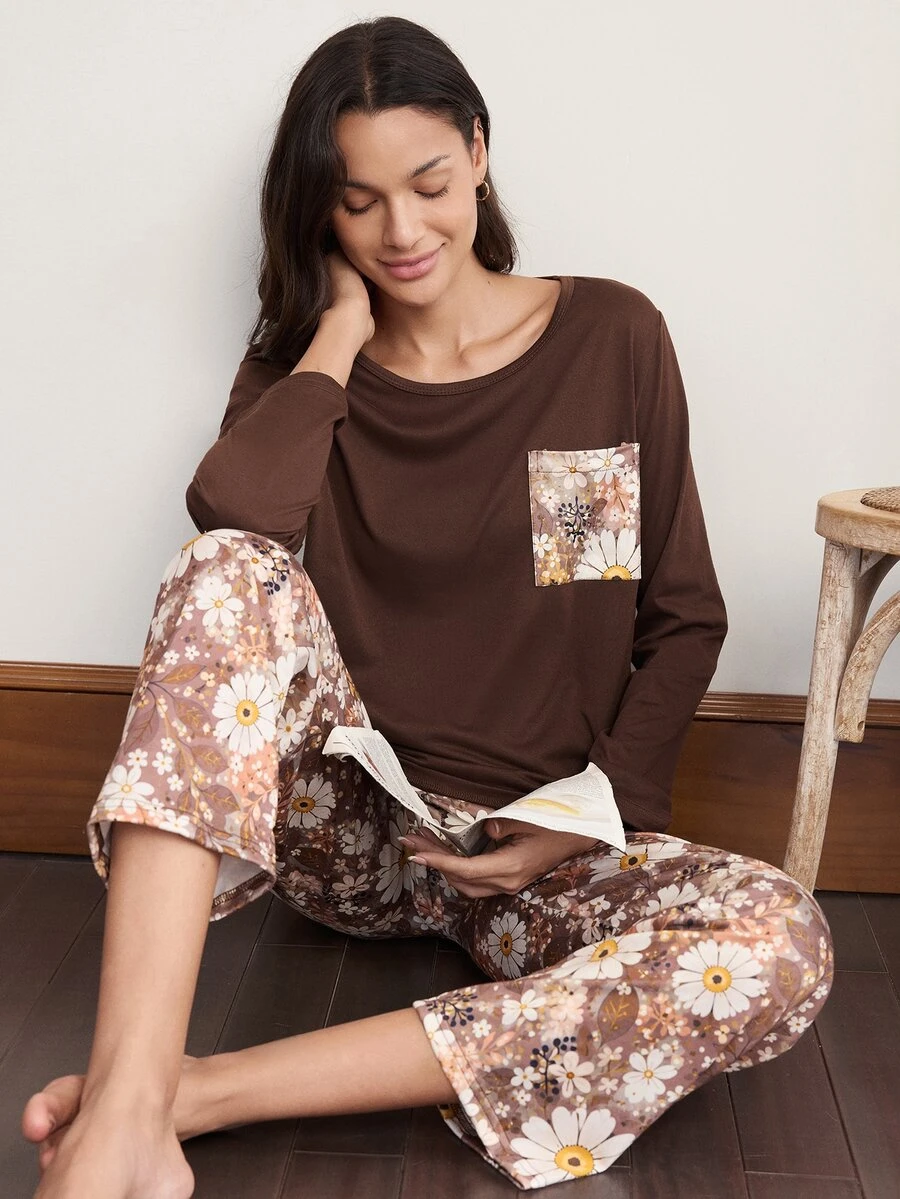 Doze Lane 2 Pieces Ditsy Floral Crew Neck Long Sleeve Casual Cottage Pajama Set Sleep Home Chocolate Brown Brown Floral Autumn - Brown - View 1