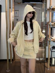 DAZY Women's Hooded Long Sleeve Spring/Summer Korean Style 2 Pieces Set Vacation - Beige - View 5