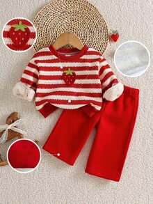 SHEIN 2件組女嬰紅色條紋抓絨內裡加厚草莓3D裝飾圓領長袖套頭上衣 + 毛茸茸休閒直筒長褲，可愛時尚保暖毛絨套裝，適合冬季日常穿著、上學、旅行、度假及各種場合 - 彩色 - 查看 5