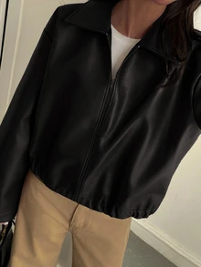 DAZY 秋冬新款女款寬鬆休閒皮夾克外套 - 黑色 - 查看 4