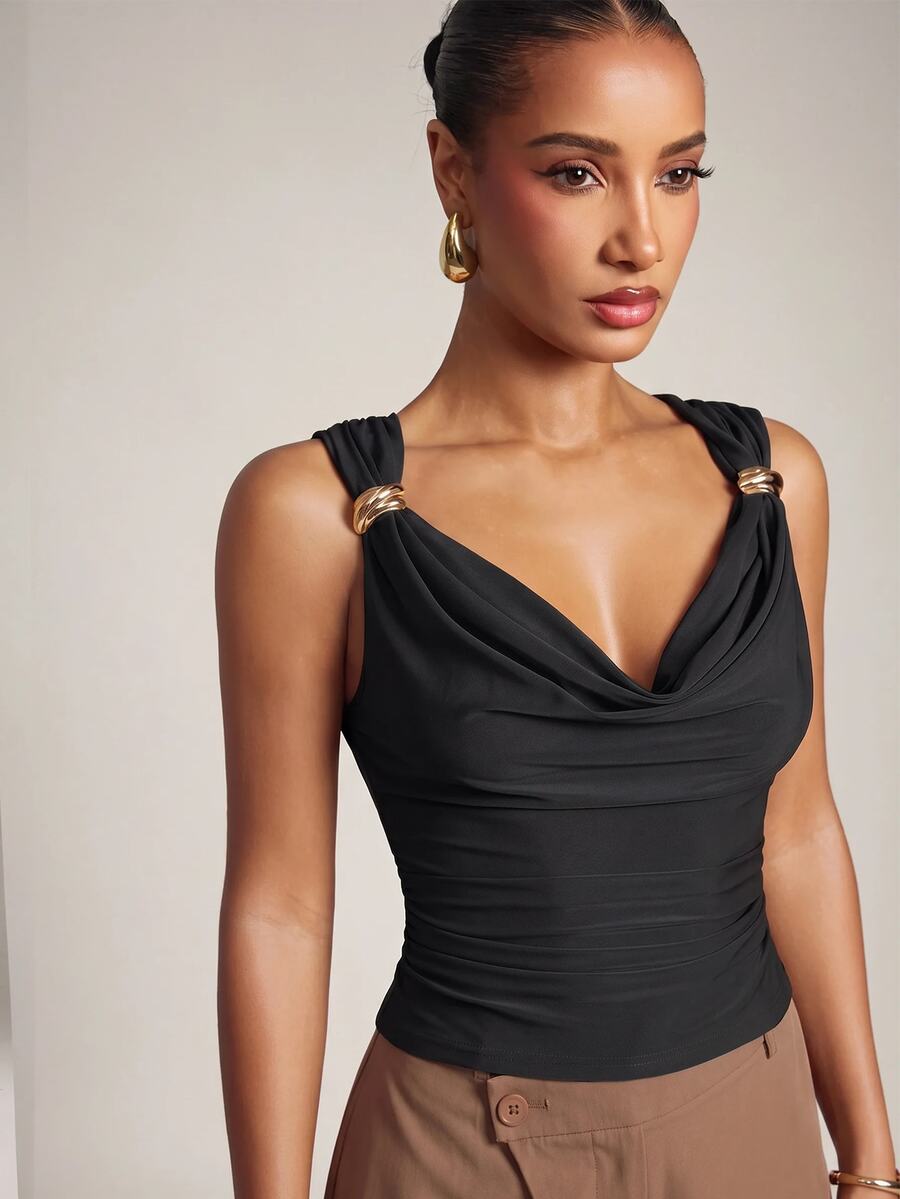 Hauture Women's Basic Casual Office Ruched Shoulder With Gold Decor Cowl Neck Top - Multicolor - View 1