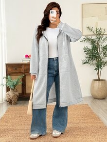 Weeklong Jaket Lengan Panjang Kasual Wanita Ukuran Besar Warna Polos dengan Tali Serut dan Tudung untuk Musim Dingin - Grey - View 3
