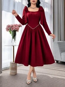 Feyla Women's Solid Color Shoulder Knot Long Sleeve Elegant Dress - Burgundy - View 1