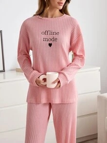 SHEIN Minimal Letter Graphic Ribbed Sleepwear Co-Ord - Pink - View 3