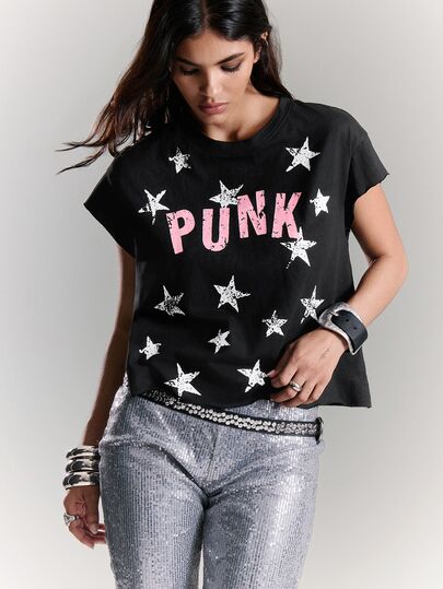 BAD SUNDAY Camiseta de mujer con estampado de letras & estrellas, cuello redondo, hombros caídos, transición otoño/invierno, para todas las estaciones, estilo cool Y2K del milenio