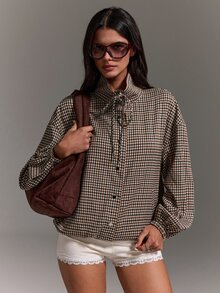 Athîral 女款深棕色格紋夾克，前拉鍊開襟，抽繩下擺，側口袋，寬鬆復古街頭風，適合秋季通勤與感恩節穿著 - 卡其色 - 查看 3