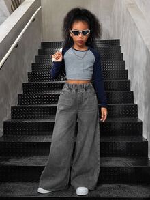 SHEIN Tween Girl Casual Washed Wide Leg Jeans - Light Grey - View 5