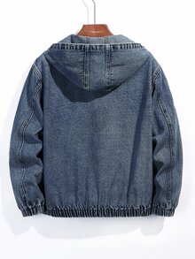 SHEIN 男童新款復古中藍色水洗丹寧連帽夾克，美式街頭風，品牌高端酷感小眾外套，舒適柔軟面料，適合休閒外出與戶外穿著，完美搭配 - 深色水洗藍 - 查看 2