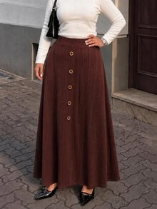 Lacomfia Autumn/Winter Elegant Casual Knit Ribbed Patchwork Waist-Cinched Loose Fit Versatile Plus Size Women's Skirt - Rust Brown - View 4