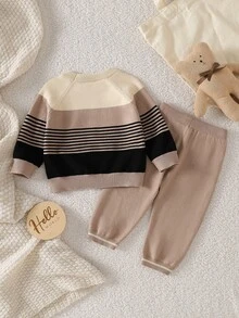 Souflis Souflis 男嬰卡通圖案拼色長袖上衣與長褲針織套裝 - 彩色 - 查看 2