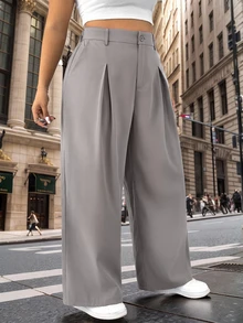 SHEIN EZwear 大尺碼女款純色簡約商務長褲，適合畢業場合 - 藕粉色 - 查看 3