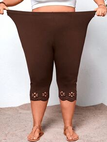 SHEIN CURVE+ Plus Size Women's Black Hollow Out Tight-Fitting Leggings - Brown - View 3