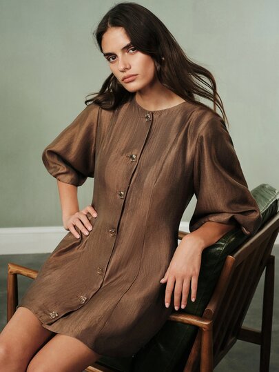 Aveloria Modichic Women Dress A-Line Fitted Waist Textured Satin Gold Button Placket Lantern Sleeve Round Neck Elegant Vintage Brown Solid Elegant Dresses For Women Hol