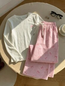 Comfortcana Setelan Kasual Sehari-hari Wanita 2 Potong: Atasan Lengan Panjang dan Celana Motif Pita - Berwarna merah muda - View 4