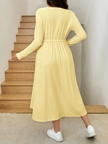 SHEIN 孕婦簡約百搭紋理長袖洋裝 - 黃色 - 查看 2