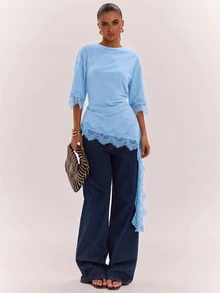 SHEIN BAE Women's French Lace Patchwork Asymmetrical Hem Ribbon Top - Baby Blue - View 3