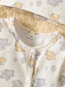 SHEIN 新生兒男嬰女嬰通用連腳連身衣與3D耳朵針織帽2件套，米色可愛日系風，卡通大象與氣球印花，斜前方鈕扣開襟，適合春夏秋冬日常穿著，親子穿搭，生日派對，拍照紀念 - 卡其色 - 查看 7
