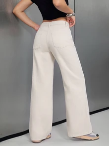 Jeanoix Petite Y2K Women's Solid Color Button Pocket Loose Fit Denim Jeans - Apricot - View 2