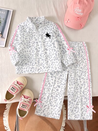 2pcs/Set Sweet Leopard Print 1/4 Zip Pullover Sweatshirt And Straight Leg Pants Set For Girls (Includes Pink Side Stripes And Bow Knot)