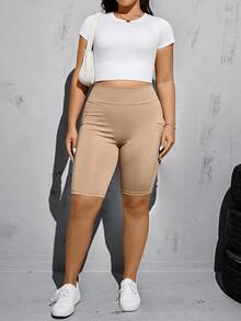 Shapeblank Plus Size Solid Color Butt-Lifting Waist-Cinching Pocket Tight-Fitting Shorts - Khaki - View 5