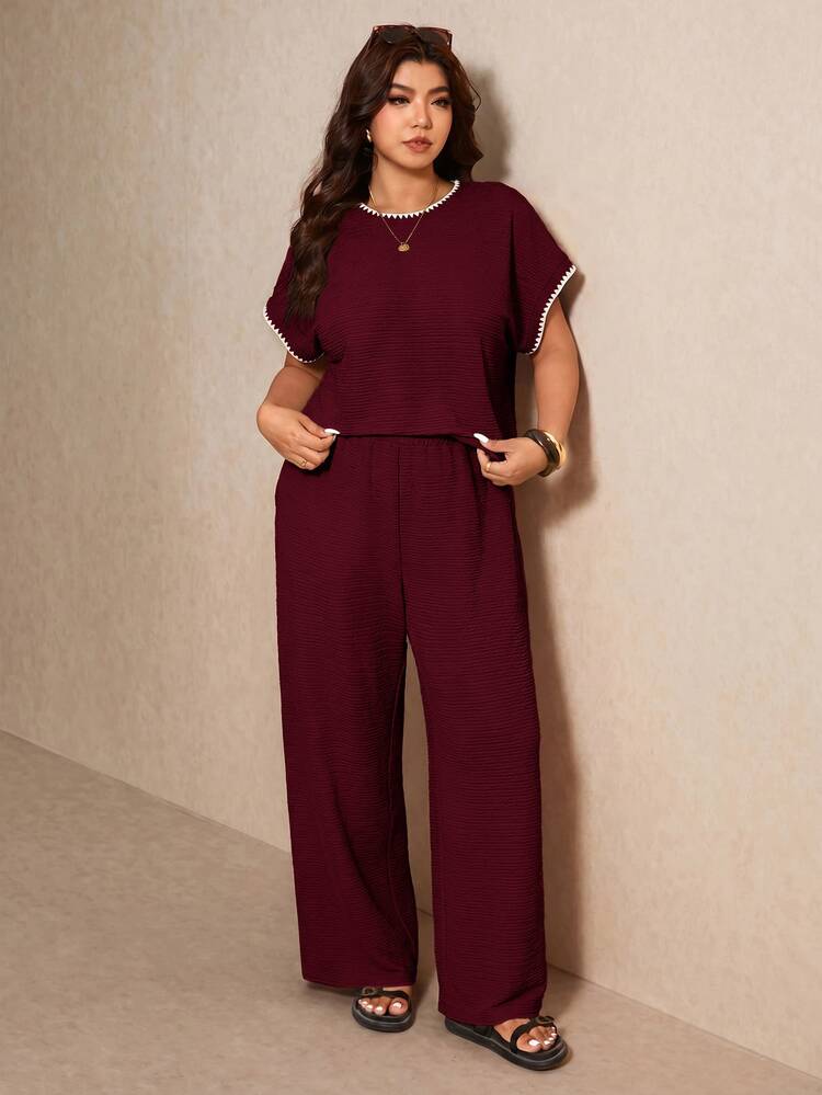 Elaquor Plus Size Vacation Casual Top And Pants 2 Pieces Set - Burgundy - View 6
