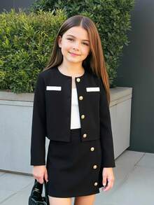 Tween女孩秋冬時尚童裝拼色拼接長袖外套與設計款裙子套裝，適合返校與日常出遊 - 黑色 - 查看 2