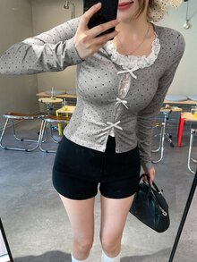 DAZY Women's Summer 2 In 1 Ruffle Bowknot Short Sleeve T-Shirt - Grey - View 6