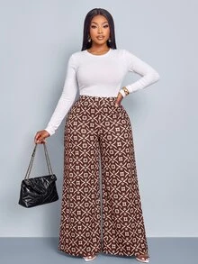 SOLERSUN Plus Size Women's Vintage Geometric Print Wide Leg Pants, Suitable For Full-Figured Women, High Waist Elastic Waistband, Flowy Wide Leg Pants, Burgundy Star Pattern Casual Vacation Pants, Vintage Atmosphere Color Scheme, Suitable For Various Occasions, Parties, Music Festivals, Daily Commute, Fashionable And Versatile, Street Style Outfit, Autumn/Winter New Arrival, Suitable For All Seasons - Red - View 6