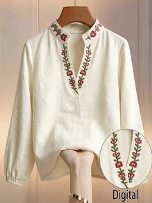 EMERY ROSE Boho Floral Embroidered Cotton Linen ShirtLadies Stand Collar Long Sleeve Loose FitDaily Blouse - Apricot - View 6