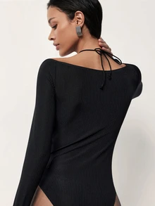 MERLEAU Women's Modern Front Hollow Long Sleeve Bodysuit - Black - View 2