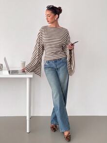 Siren Gaze Women's Boat Neck Batwing Long Sleeve Striped T-Shirt, Autumn New Style - Brown - View 8