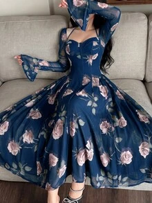Feyla 女款優雅花卉印花洋裝 - 水鴨藍 - 查看 6