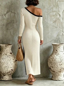 SHEIN Women's Colorblock Asymmetric Shoulder Long Sleeve Side Slit Hem Casual Dress - Apricot - View 2