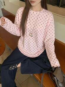 DAZY 女款圓領寬鬆長袖波點長版T恤 - 粉色 - 查看 3