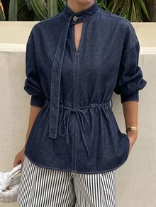 Livesso 女款腰部綁帶長袖休閒牛仔上衣 - 深色水洗藍 - 查看 6