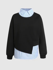 SHEIN 青少年女孩秋冬休閒復古學院風條紋不對稱拼接2合1套頭衛衣，年輕時尚穿搭，適合返校季、秋冬街頭穿搭、日常穿著 - 黑色 - 查看 6