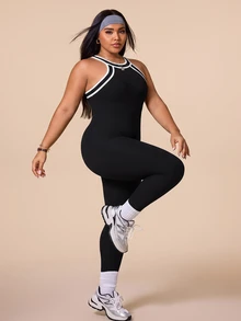 SHEIN Rhythm Era Women's Plus Size Halter Neck Fitted Sports Jumpsuit - Black - View 5