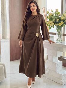 Dripcurv Plus Size Versatile Fashion Metal Decor Pleated Dress Fall - Brown - View 1