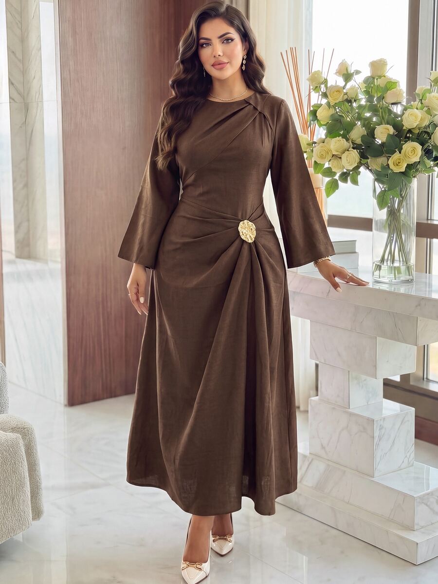Dripcurv Plus Size Versatile Fashion Metal Decor Pleated Dress Fall - Brown - View 1