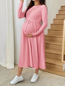 SHEIN Maternity Simple Textured Tie-Up Long Sleeve Dress Fall - Baby Pink - View 5