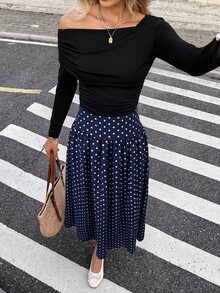 Serisse 女款波點圖案優雅時尚裙 - 藏蓝色 - 查看 3