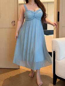 Dazy Plus Romantic Mesh Knit Fabric Ruched Design Lace Patchwork Cami Nightgown - Blue - View 6