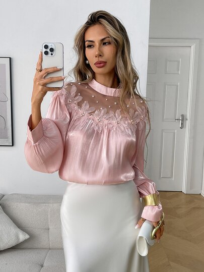 Elyressa Blusa Camisa Elegante Casual Sofisticada para Mujer, para Oficina, Desplazamiento, Uso Diario y Citas, con Patchwork, Color Rosa Sólido y Flores 3D con Perlas