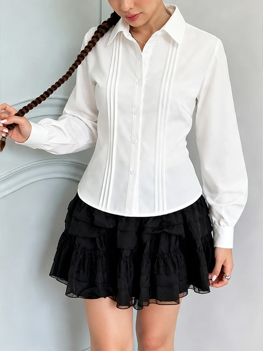 Elladie kids 1件日韓風春秋薄款單件開學甜美蕾絲飾邊彼得潘領白色女童襯衫 - 白色 - 查看 1