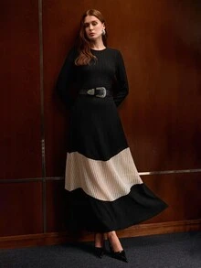 MOTF PREMIUM CONTRAST OPEN KNIT PANEL DRESS WITHOUT BELT - Black - View 6