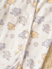 SHEIN 新生兒男嬰女嬰通用連腳連身衣與3D耳朵針織帽2件套，米色可愛日系風，卡通大象與氣球印花，斜前方鈕扣開襟，適合春夏秋冬日常穿著，親子穿搭，生日派對，拍照紀念 - 卡其色 - 查看 8