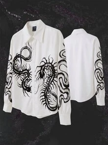 ROMWE MEN Street Life Men's Fashion Gothic Print Long Sleeve Shirt - White - View 1