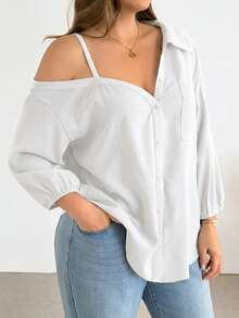 Shapeblank Plus Size Women's Solid Color Casual Versatile Daily Wear Shirt - White - View 5